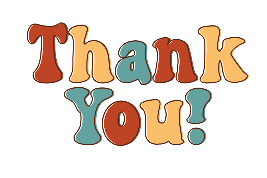 Colourful text saying thank you with white background