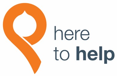 Here to help logo A logo with a orange ribbon and text