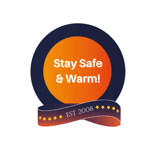 Stay safe & warm logo. A orange and navy logo with a ribbon