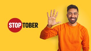 a yellow poster with man waving his hand for Stoptober