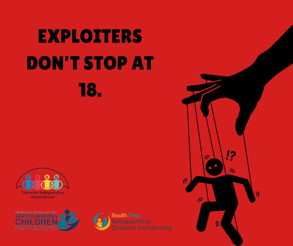 Red background with a black puppet. Words reading "Exploiters don't stop at 18". 