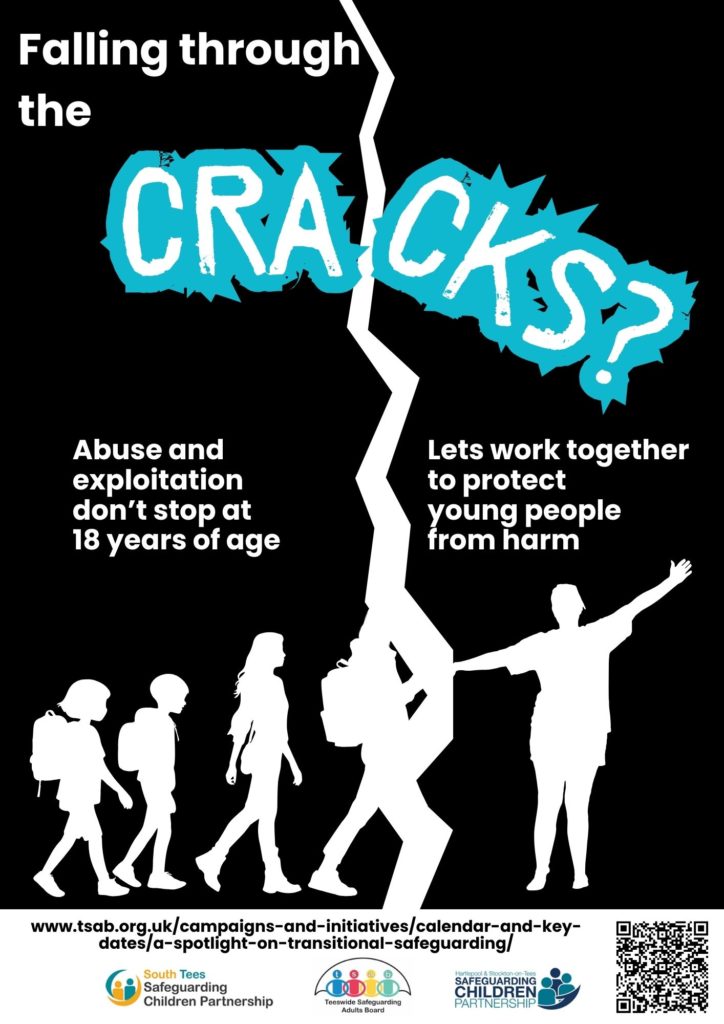 Poster to show that exploitation and abuse doesn't end at 18. Image of young people falling through the cracks. 